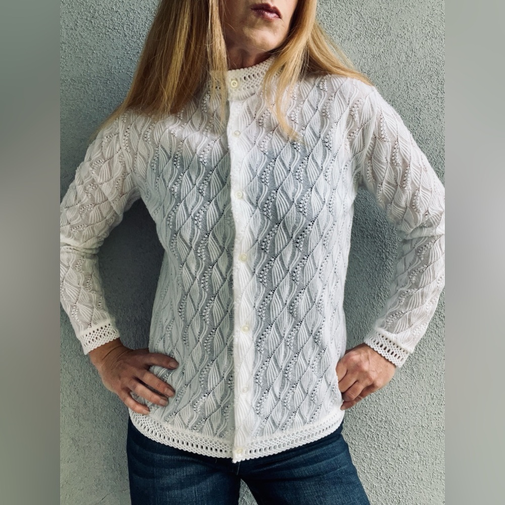 VTG 1960s Montgomery Ward White Eyelit Crochet Lace Cardigan Sweater Sz 40